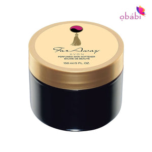 A round jar of Avon Far Away Perfumed Skin Softener with a capacity of 150ml. The jar is primarily black in color with a gold-colored lid and a label featuring the product name and fragrance notes.
