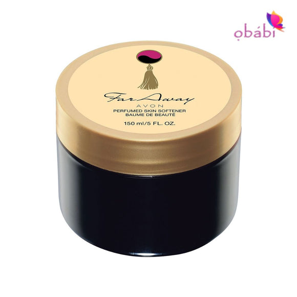 A round jar of Avon Far Away Perfumed Skin Softener with a capacity of 150ml. The jar is primarily black in color with a gold-colored lid and a label featuring the product name and fragrance notes.