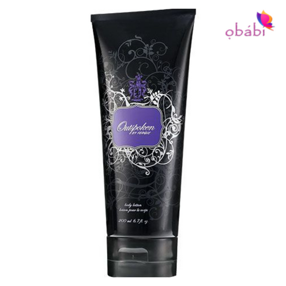 A tube of Avon Outspoken by Fergie Body Lotion, 200ml, with a black and purple label.