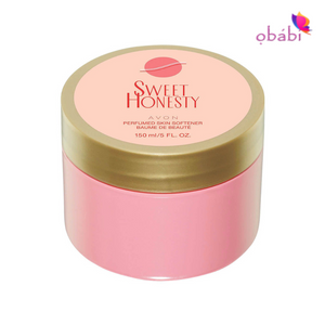 A container of Avon Sweet Honesty Perfumed Skin Softener with a pink label and gold-colored lid.