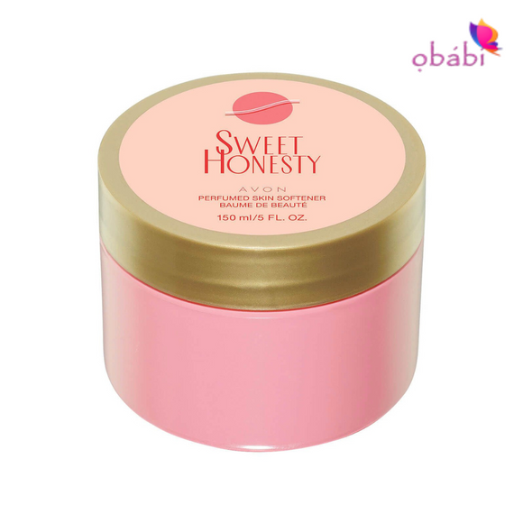 A container of Avon Sweet Honesty Perfumed Skin Softener with a pink label and gold-colored lid.